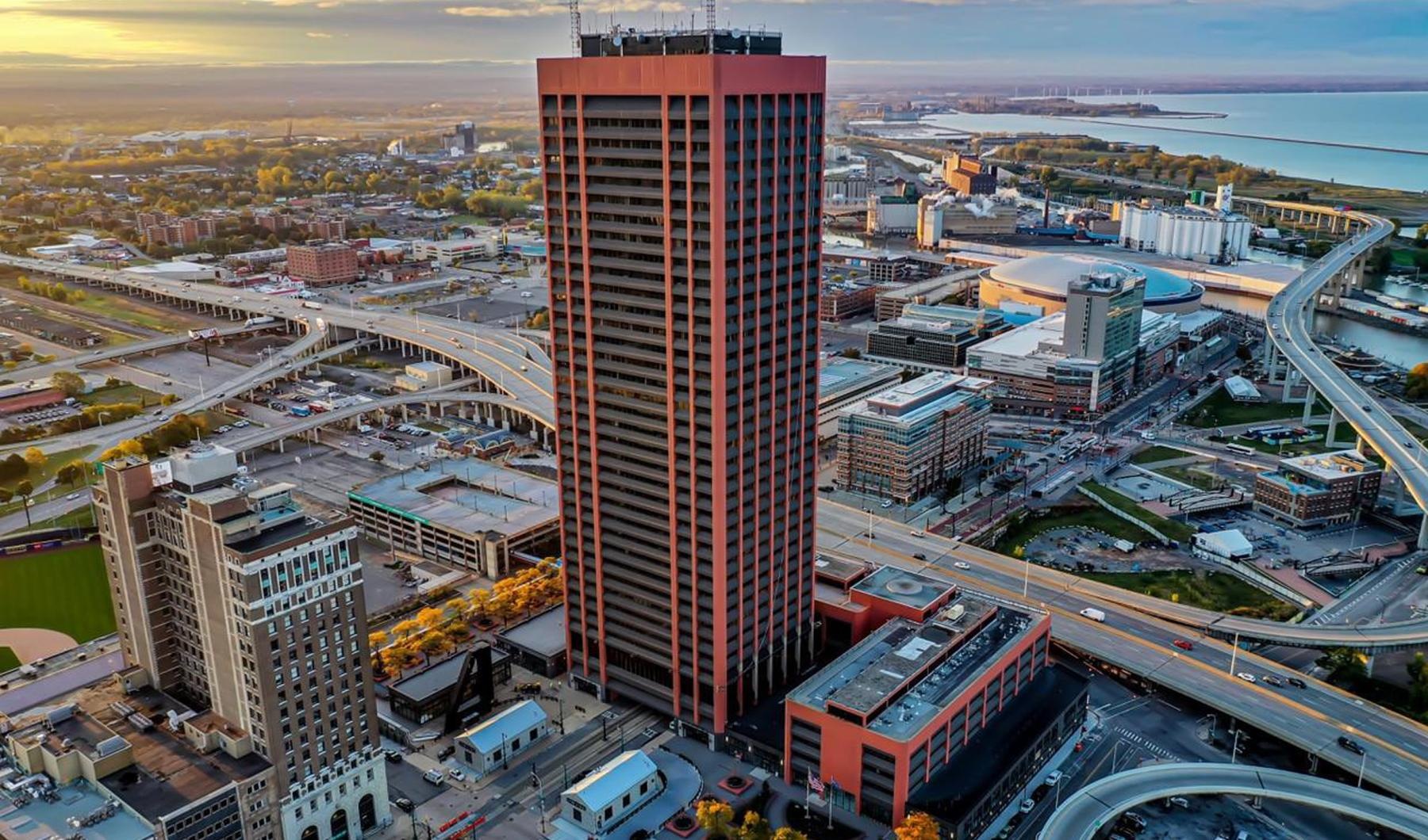 a tall building in a city