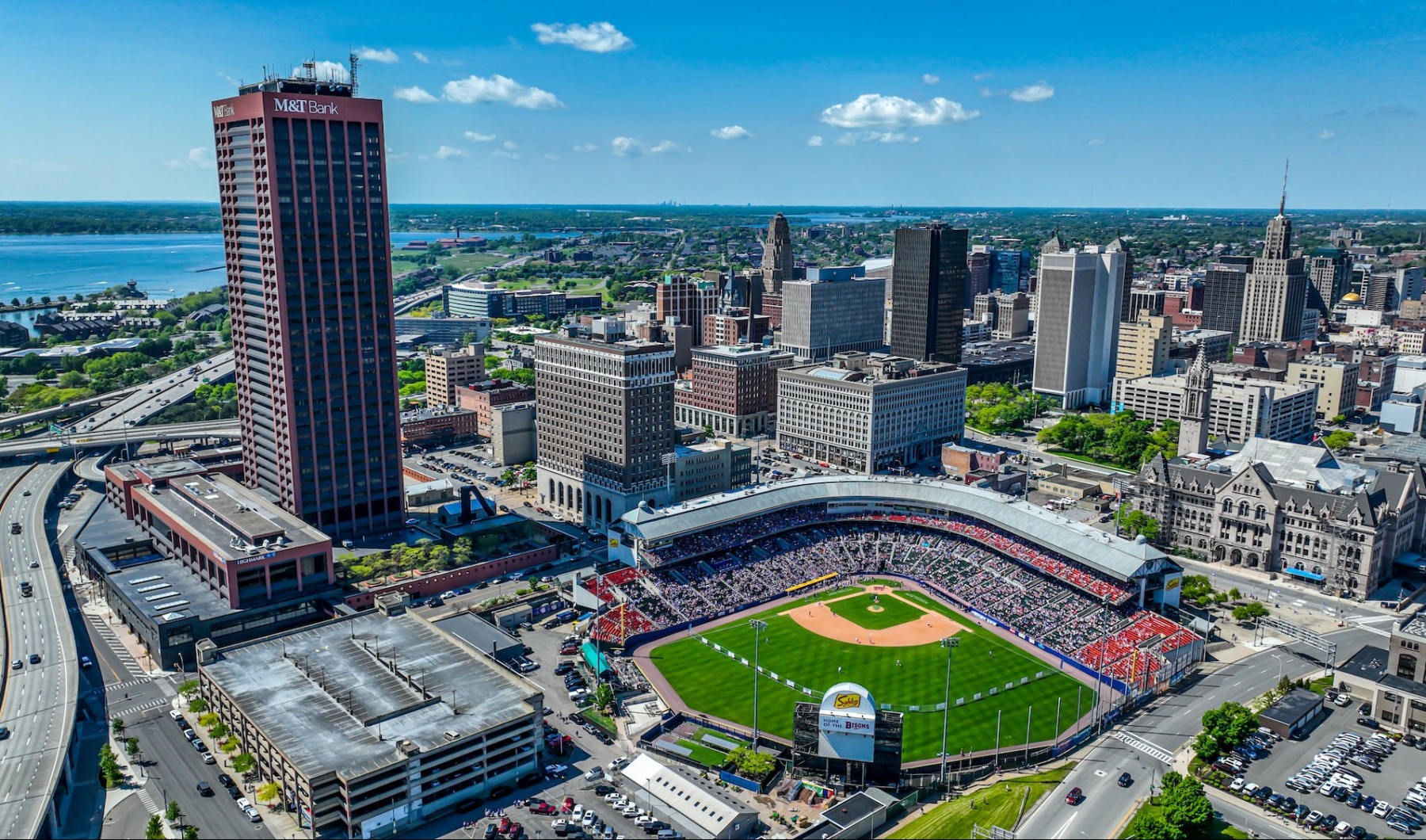 a city and a ballpark near a body of water
