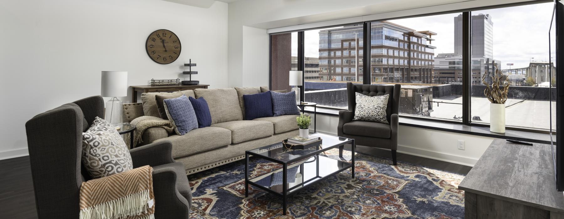 a living room with a large window