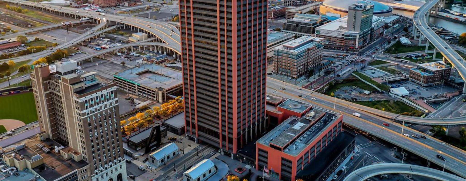 a tall building in a city