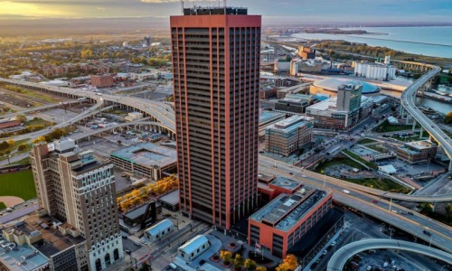 a tall building in a city