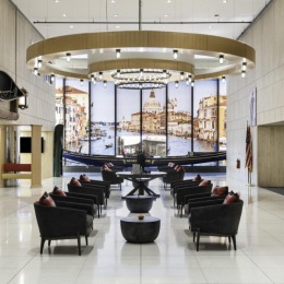 a large room with a large window