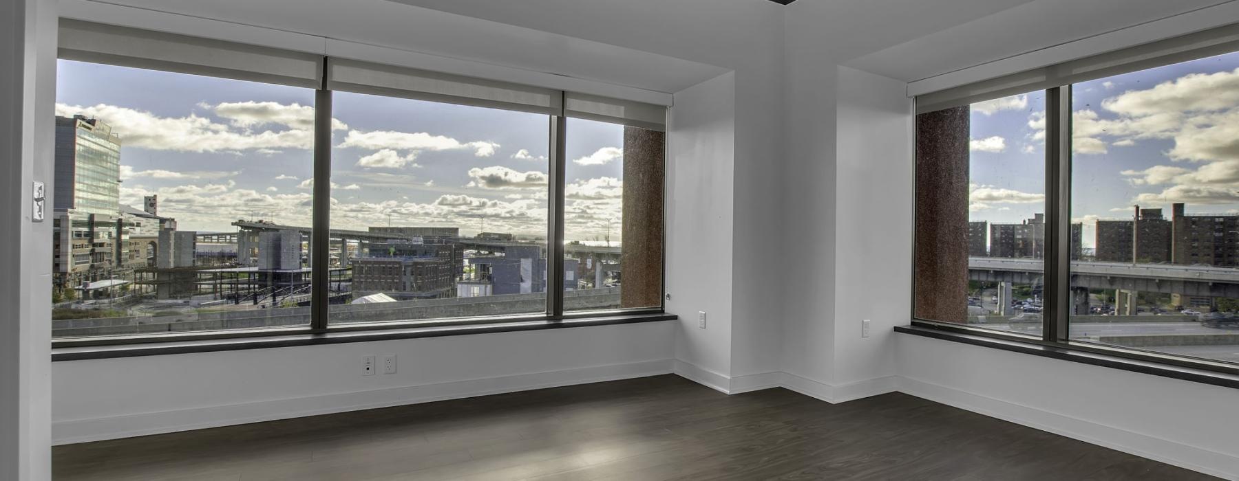 a room with large windows